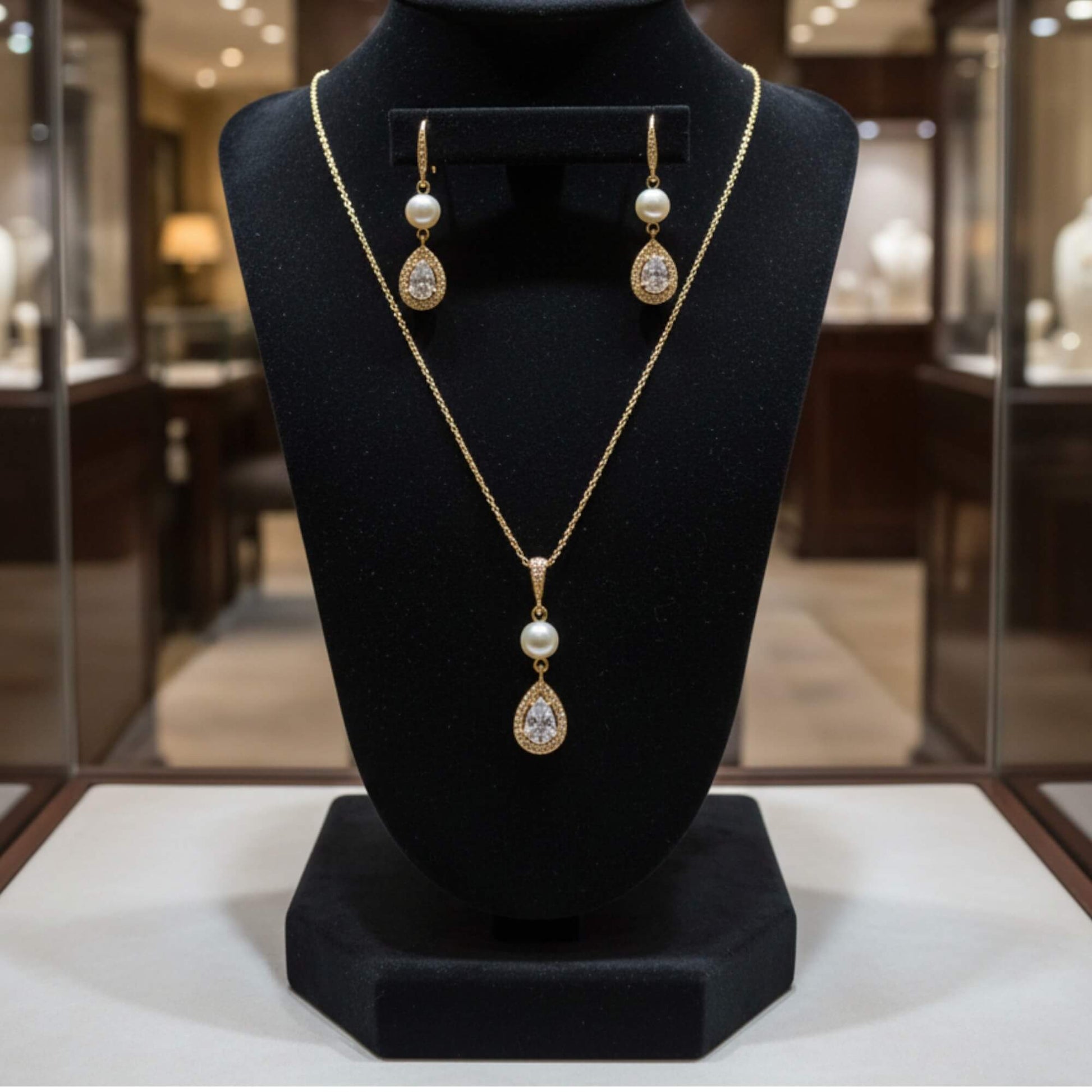 Bridal Gold necklace and earrings set on a black bust in a jewelry store.