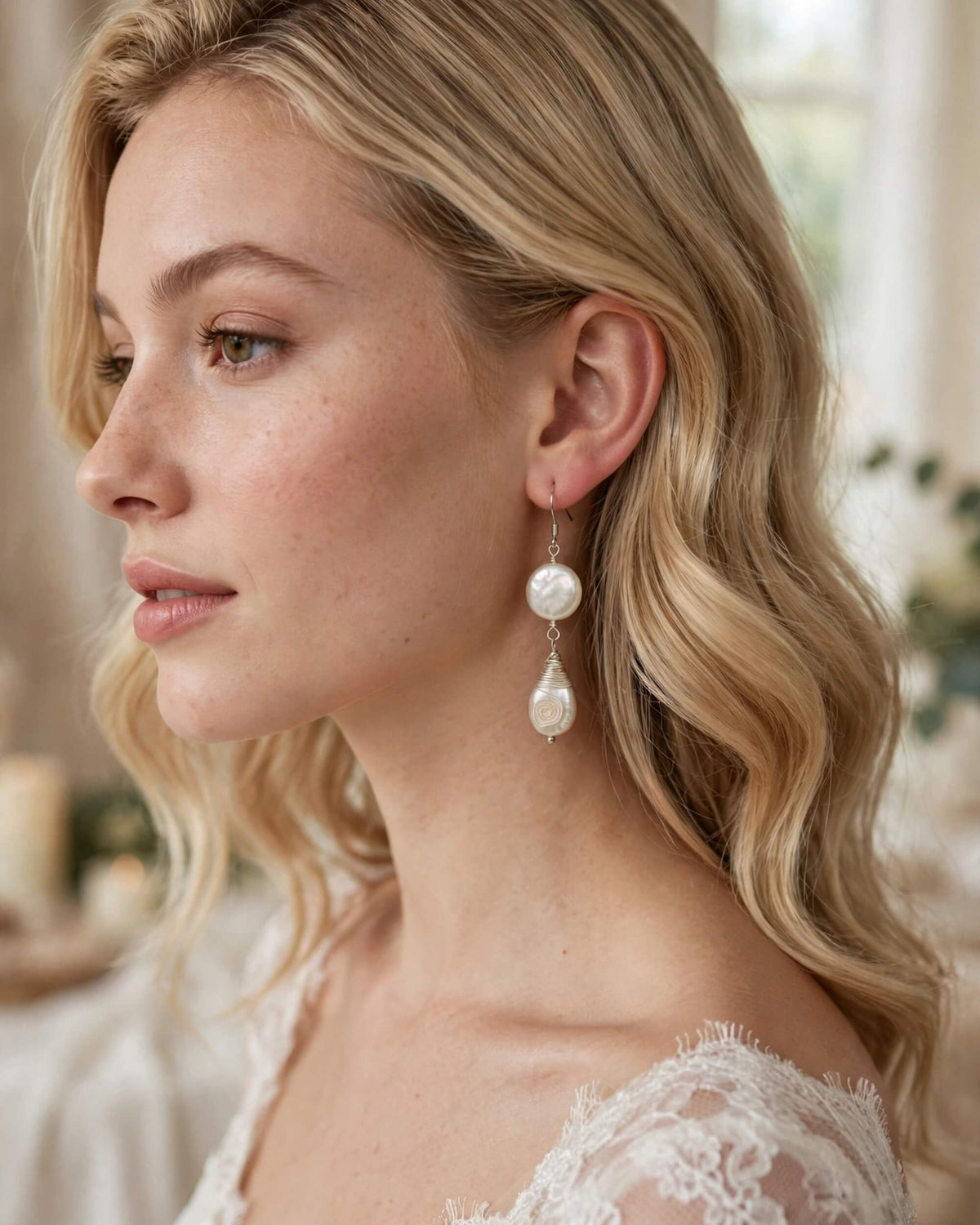 bride wearing pearl drop earrings with classic bridal updo