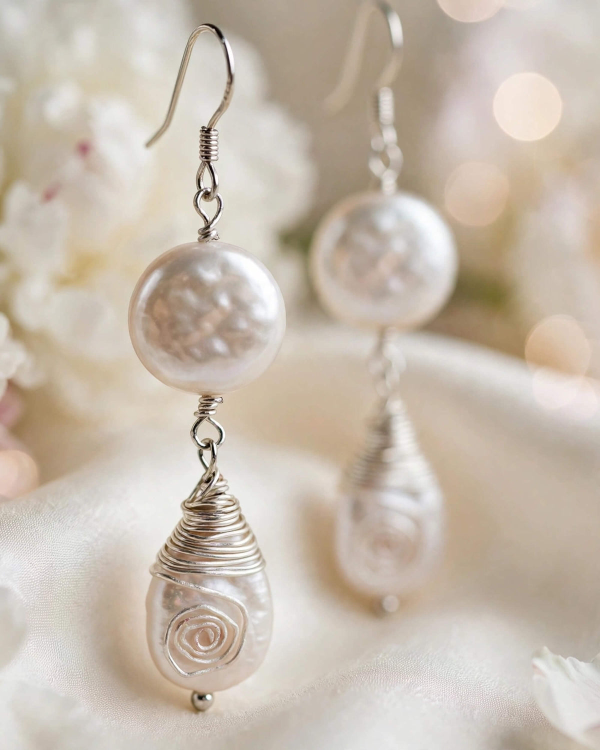 pearl drop earrings displayed for bridal styling and wedding accessories