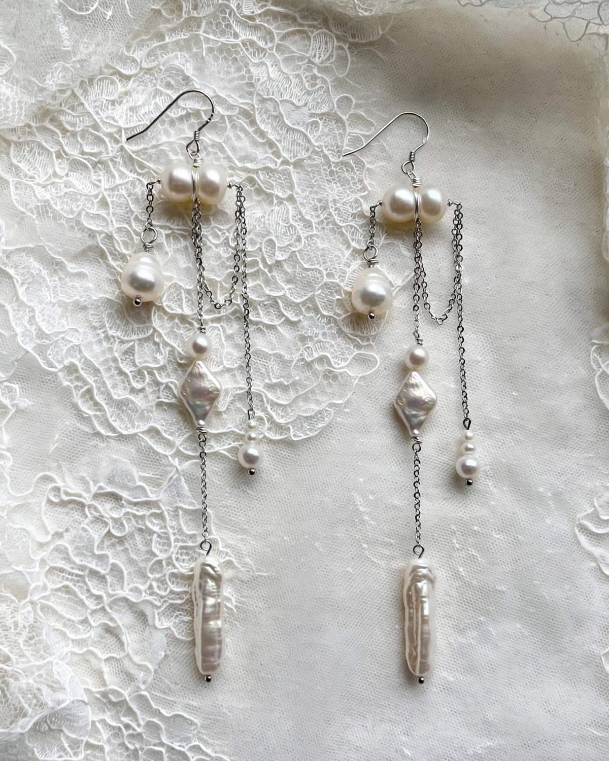 Pearl Dangle Earrings – Cascading Chain Drop with Freshwater Pearls for Bridal and Elegant Occasions