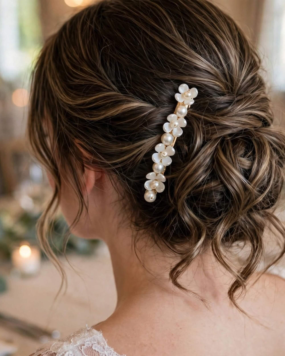 Bridal Hair Clip with Glass Pearls and White Floral Accents – Elegant Gold Wedding Accessory