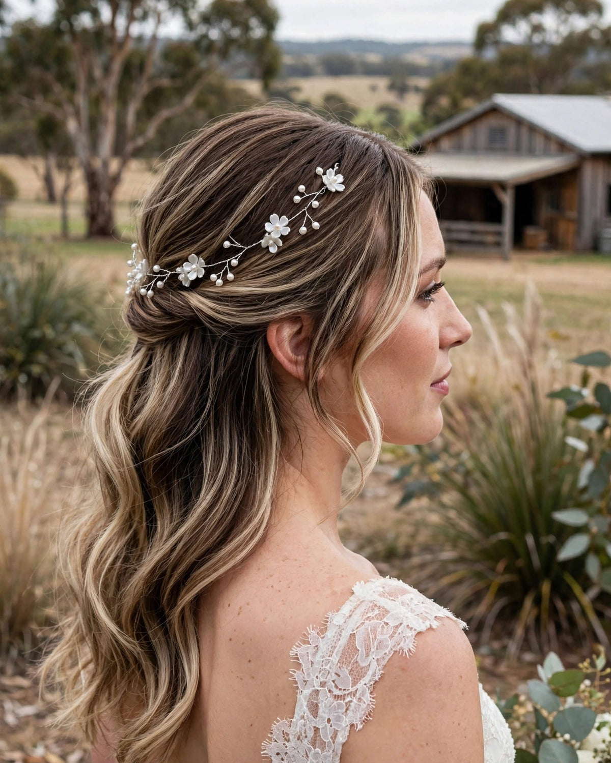 Bridal Hair Vine with Floral Flowers and Premium Glass Pearls – Elegant Wedding Hair Accessory
