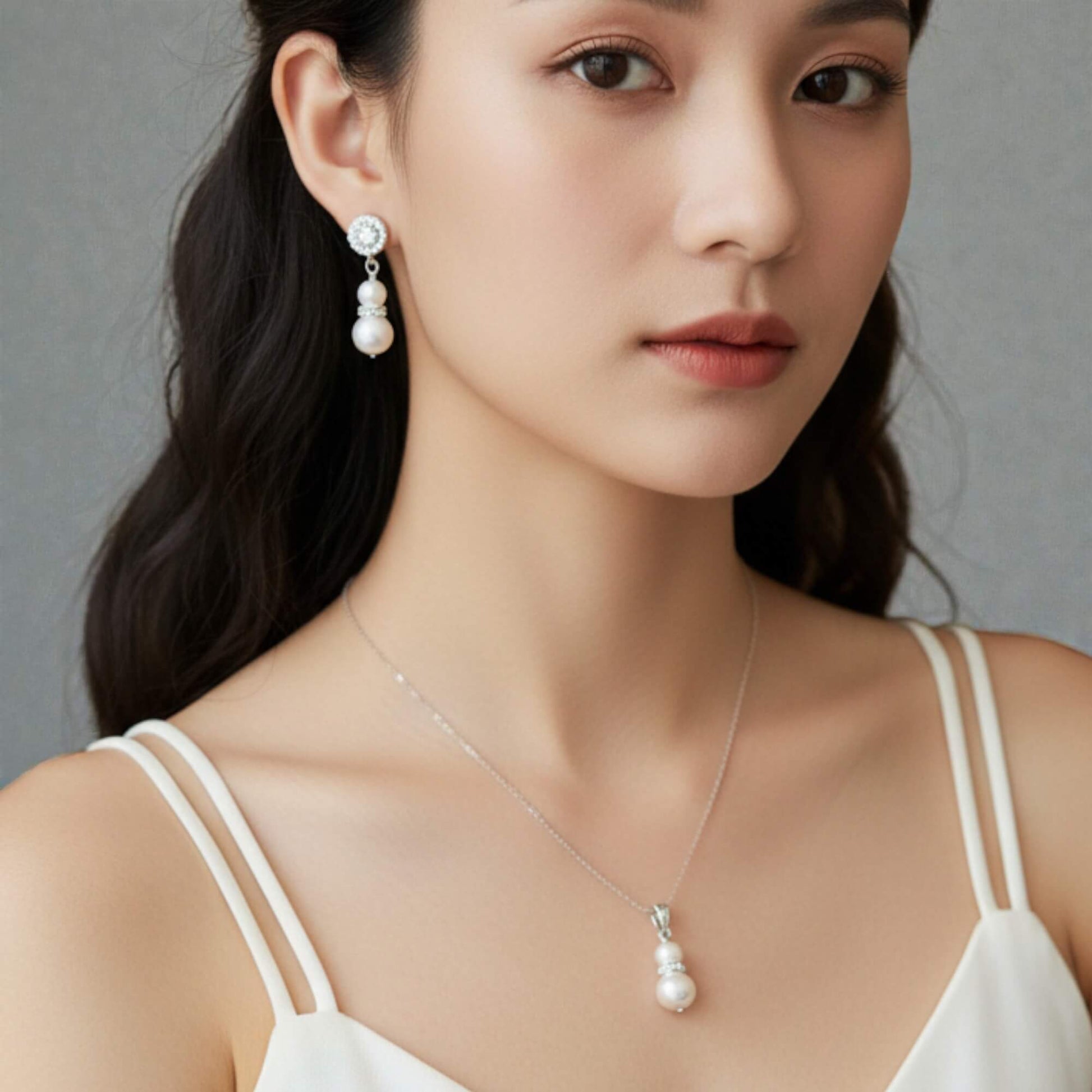 Woman wearing pearl earrings and necklace against a gray background