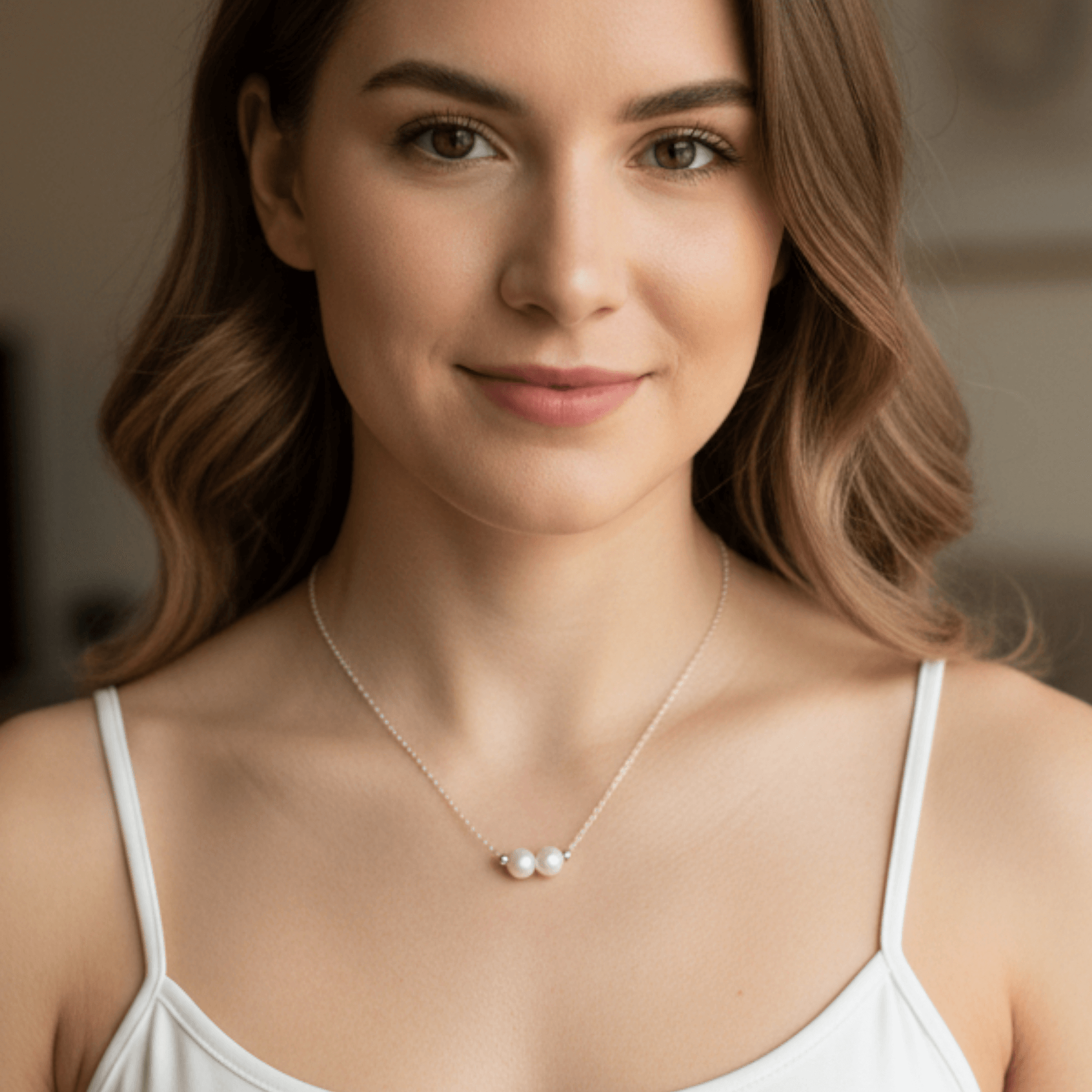 Woman wearing a delicate necklace with small pendants against a neutral background