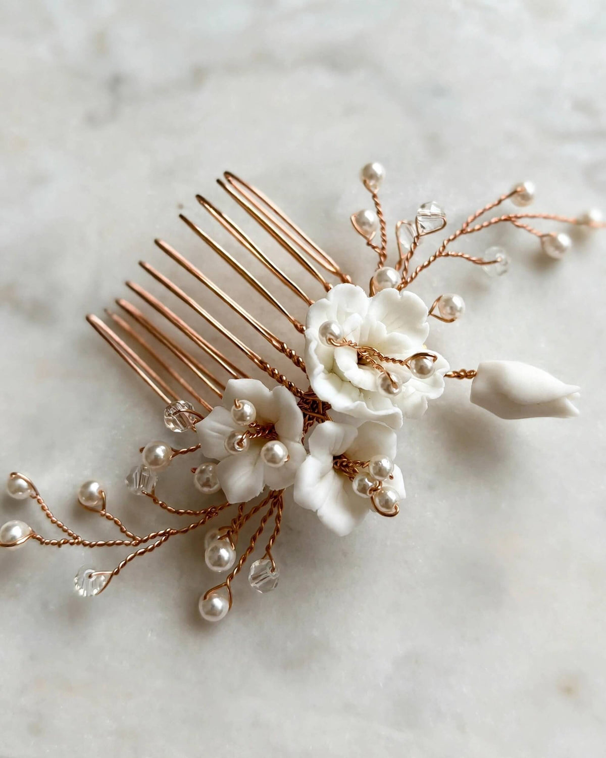Bridal Hair Comb with Porcelain Flowers & Glass Pearls – Wedding Hair Accessory