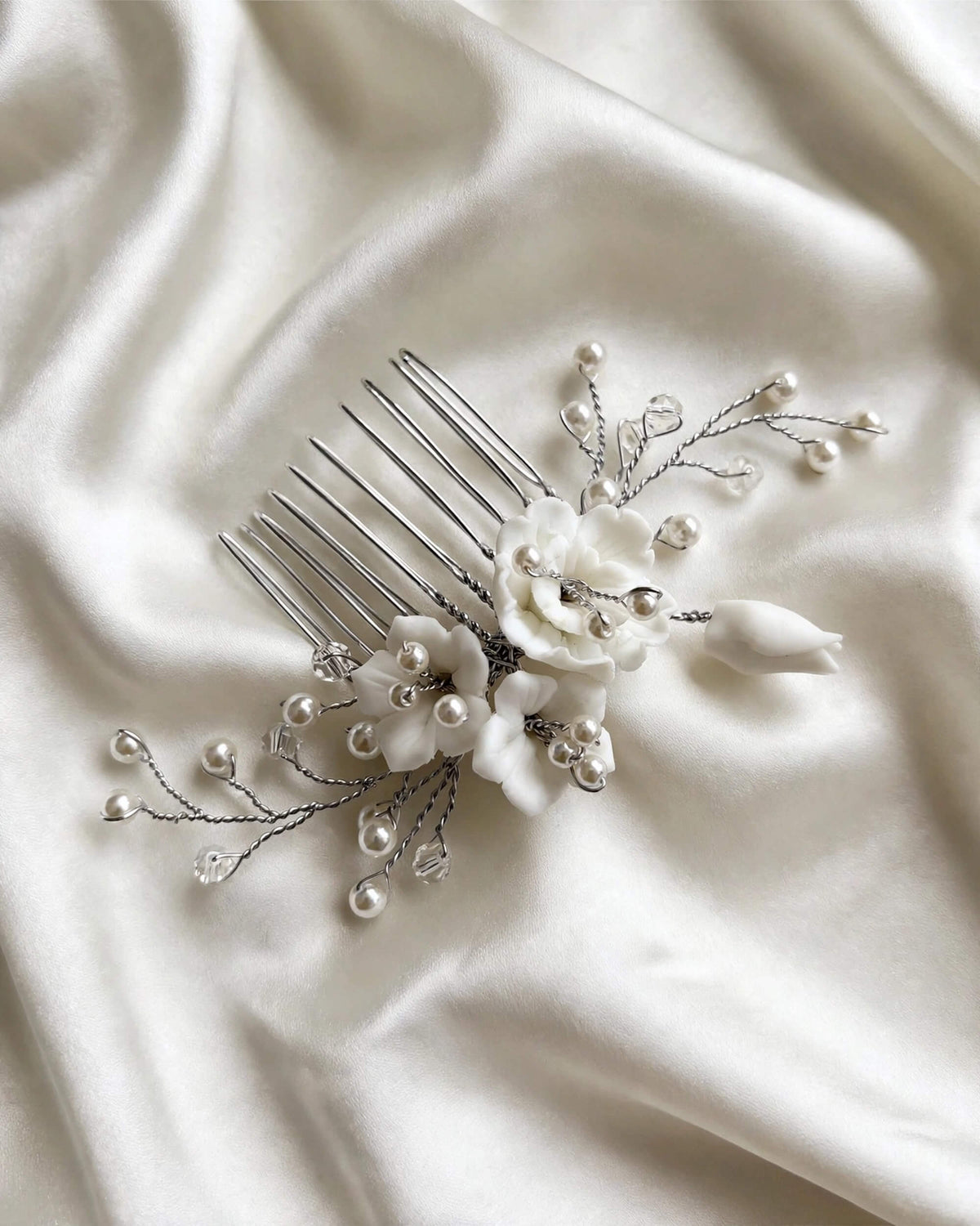 Bridal Hair Comb with Porcelain Flowers & Glass Pearls – Wedding Hair Accessory