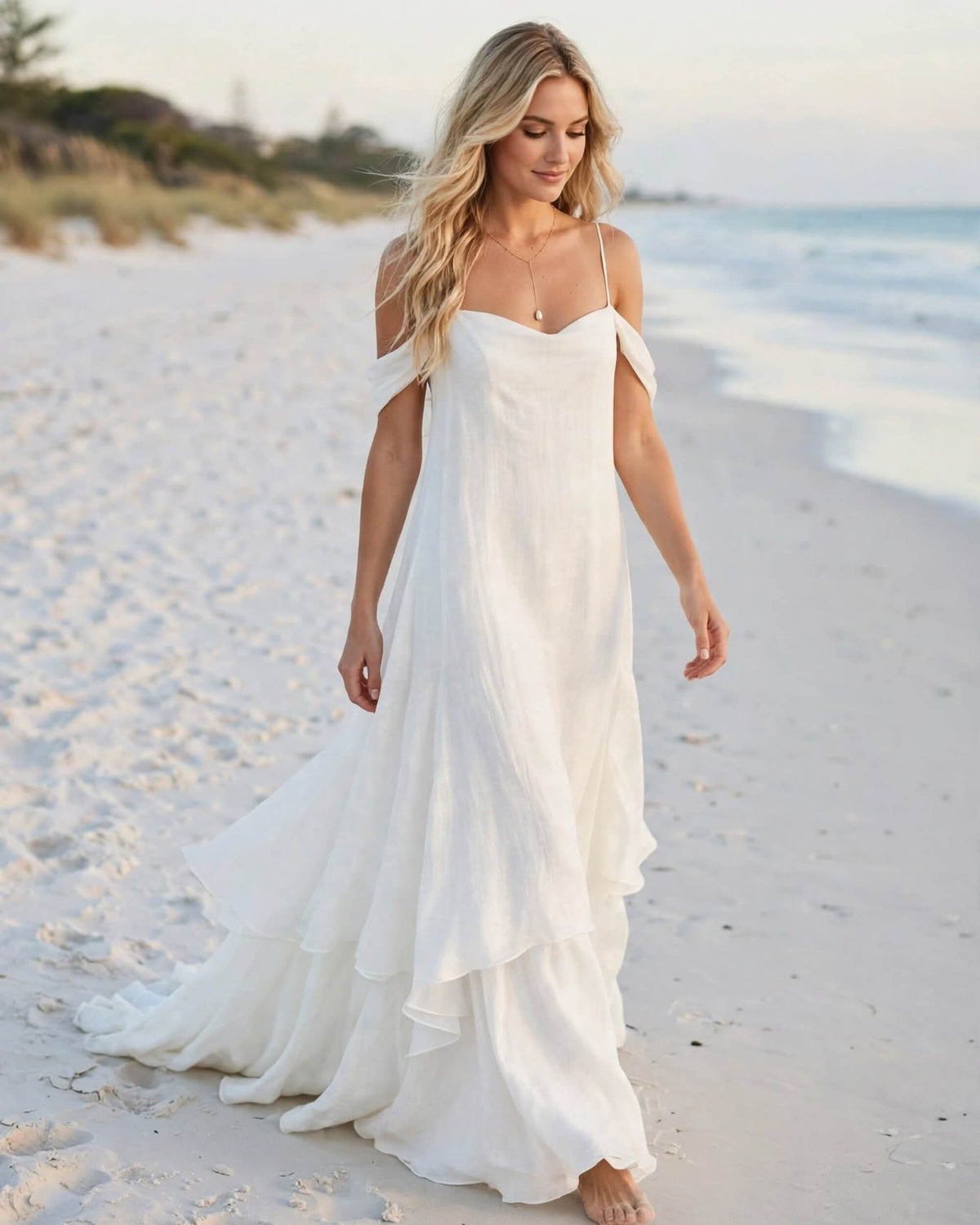 A woman walking on a sandy beach wearing a flowing off-the-shoulder white maxi dress with a tiered skirt.