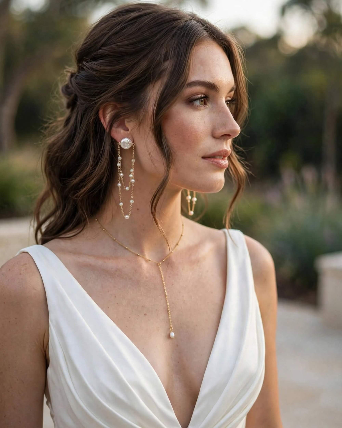 A woman in a white sleeveless dress wearing delicate gold jewelry, including a long drop necklace, a matching drop earring, and a small gold hoop earring, photographed outdoors with a softly blurred background.