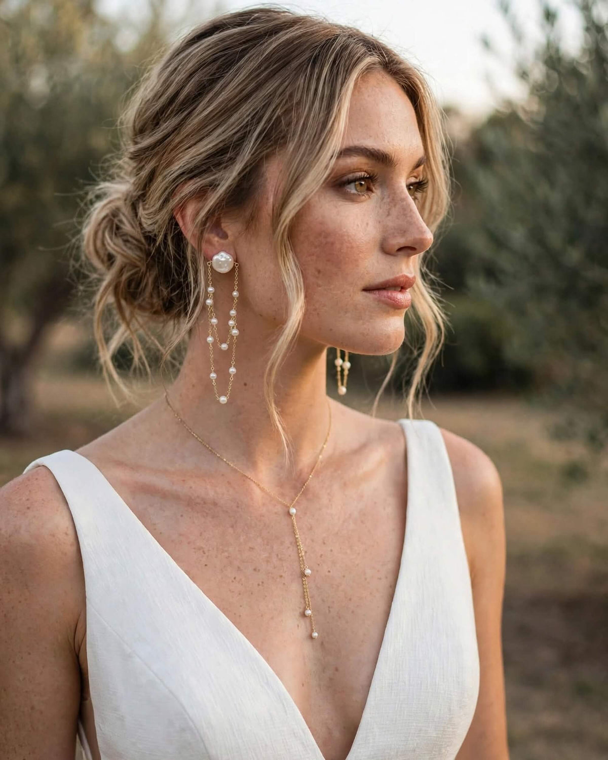 A woman in a white sleeveless dress wearing delicate gold and pearl jewelry, including a long drop earring and a Y-shaped necklace, photographed outdoors with a blurred natural background.