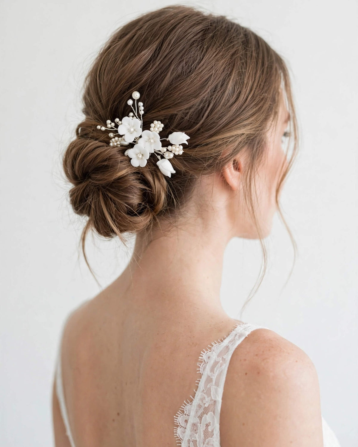 Bridal Hair Comb with Porcelain Flowers & Glass Pearls – Floral Wedding Hair Accessory