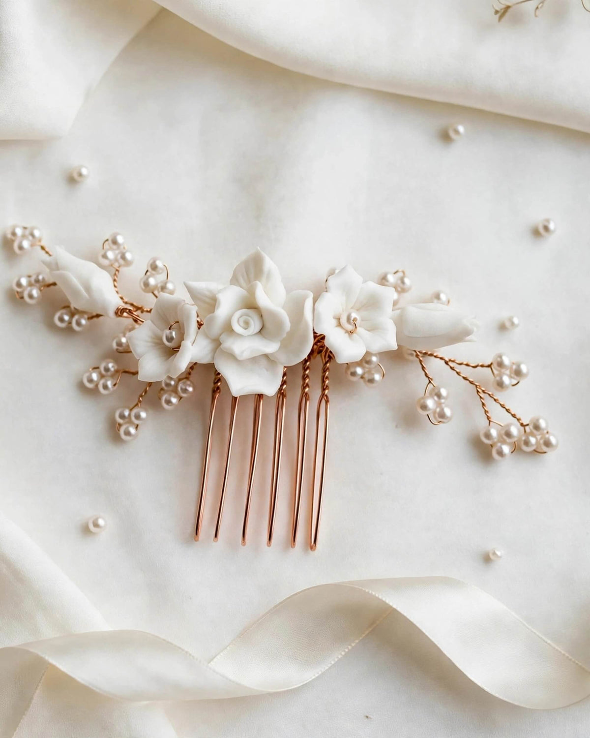 Bridal Hair Comb with Porcelain Flowers & Glass Pearls – Floral Wedding Accessory