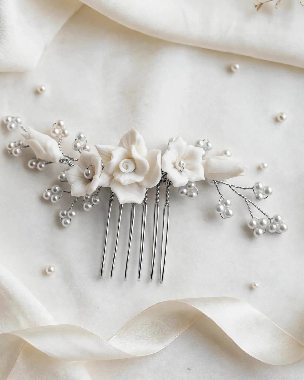 Bridal Hair Comb with Porcelain Flowers & Glass Pearls – Floral Wedding Accessory