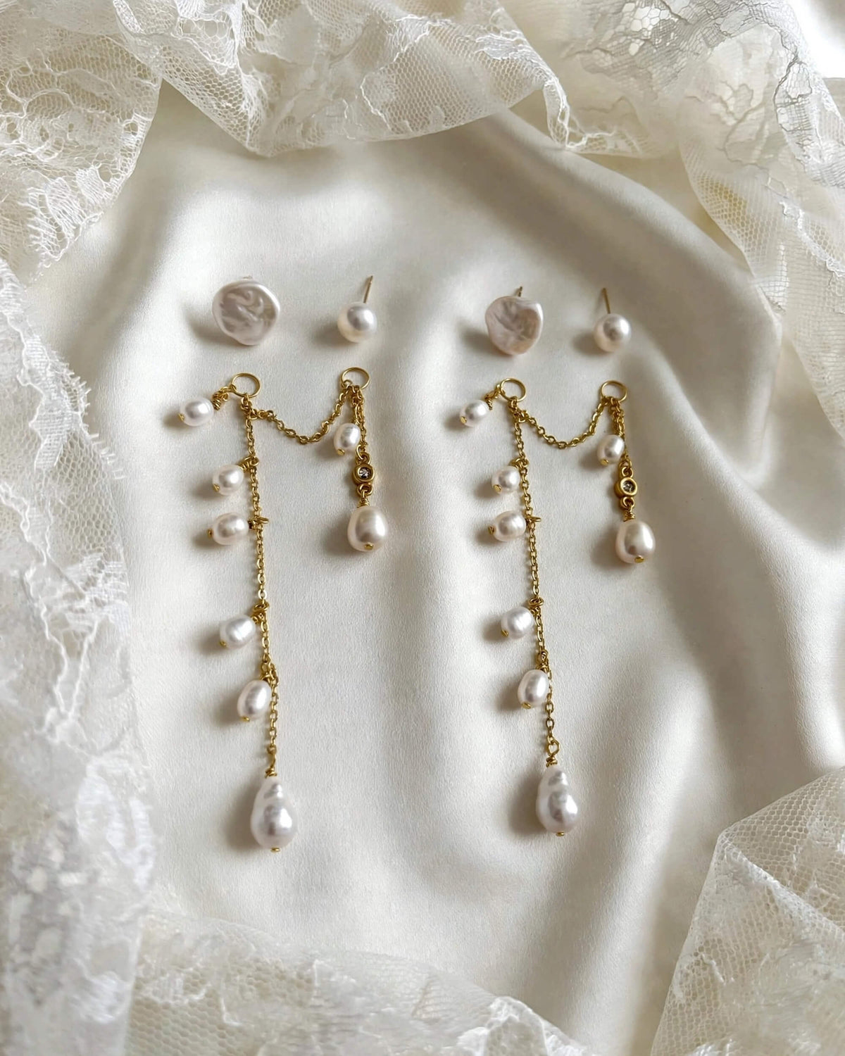 3-in-1 Pearl Bridal Wedding Earrings – Convertible Studs, Hoops & Chain