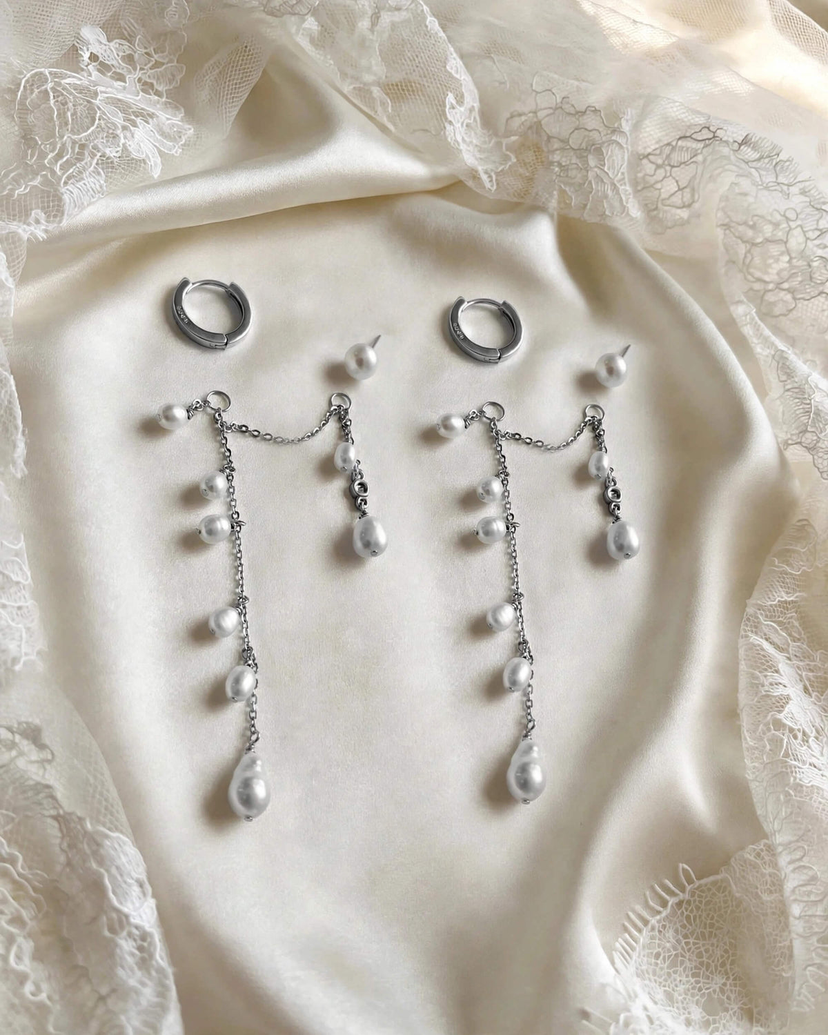 3-in-1 Pearl Bridal Wedding Earrings – Convertible Studs, Hoops & Chain