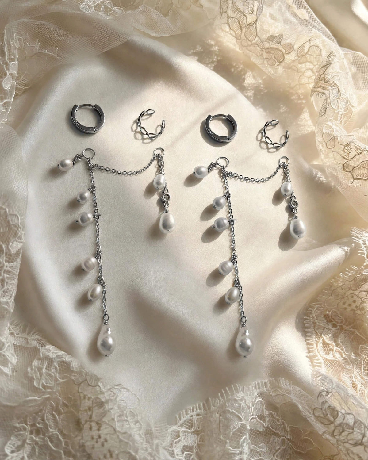 3-in-1 Pearl Bridal Wedding Earrings – Convertible Studs, Hoops & Chain