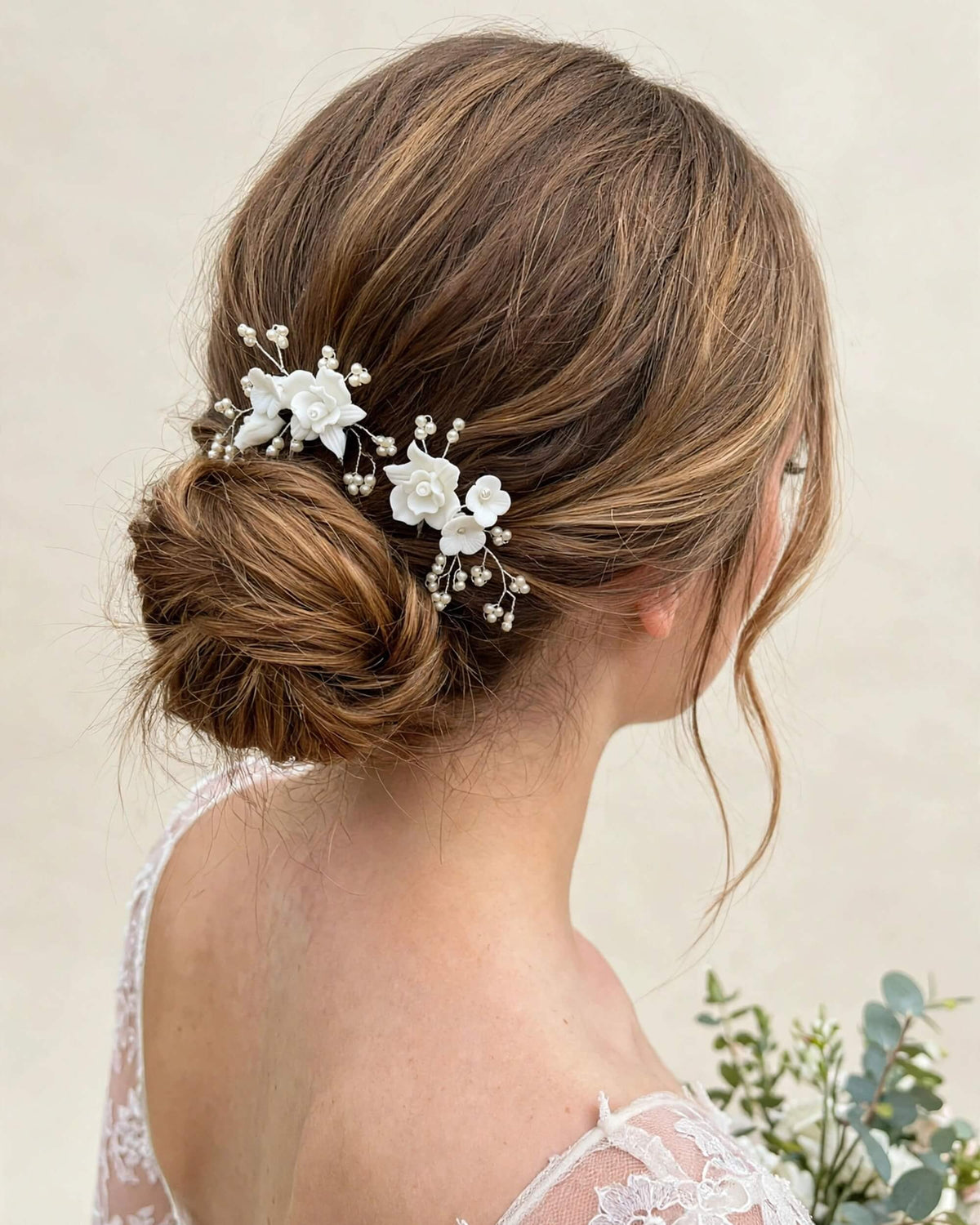 Bridal Hair Comb Set with Porcelain Flowers & Glass Pearls – Handcrafted