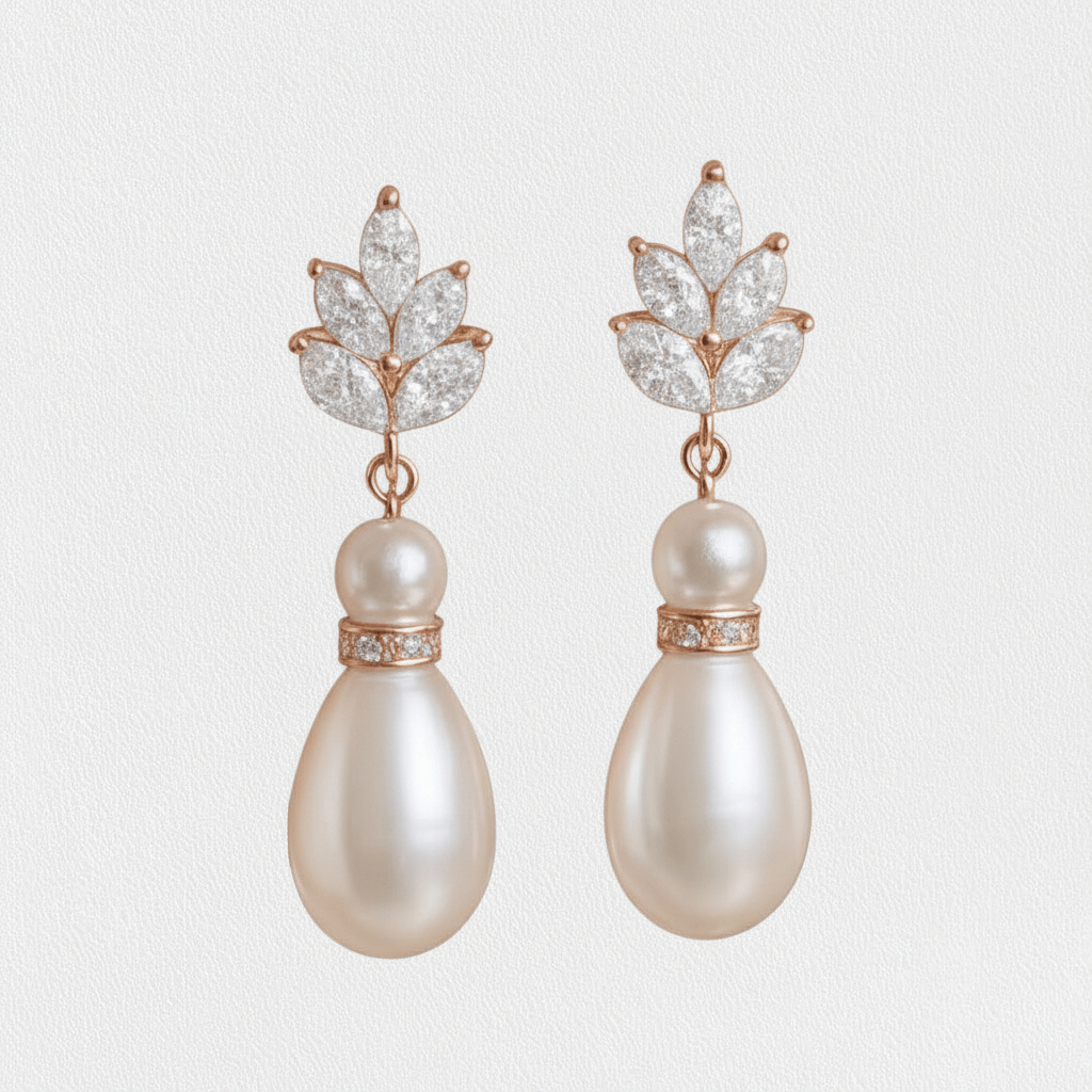 Pearl earrings with leaf-like top design on a light gray background