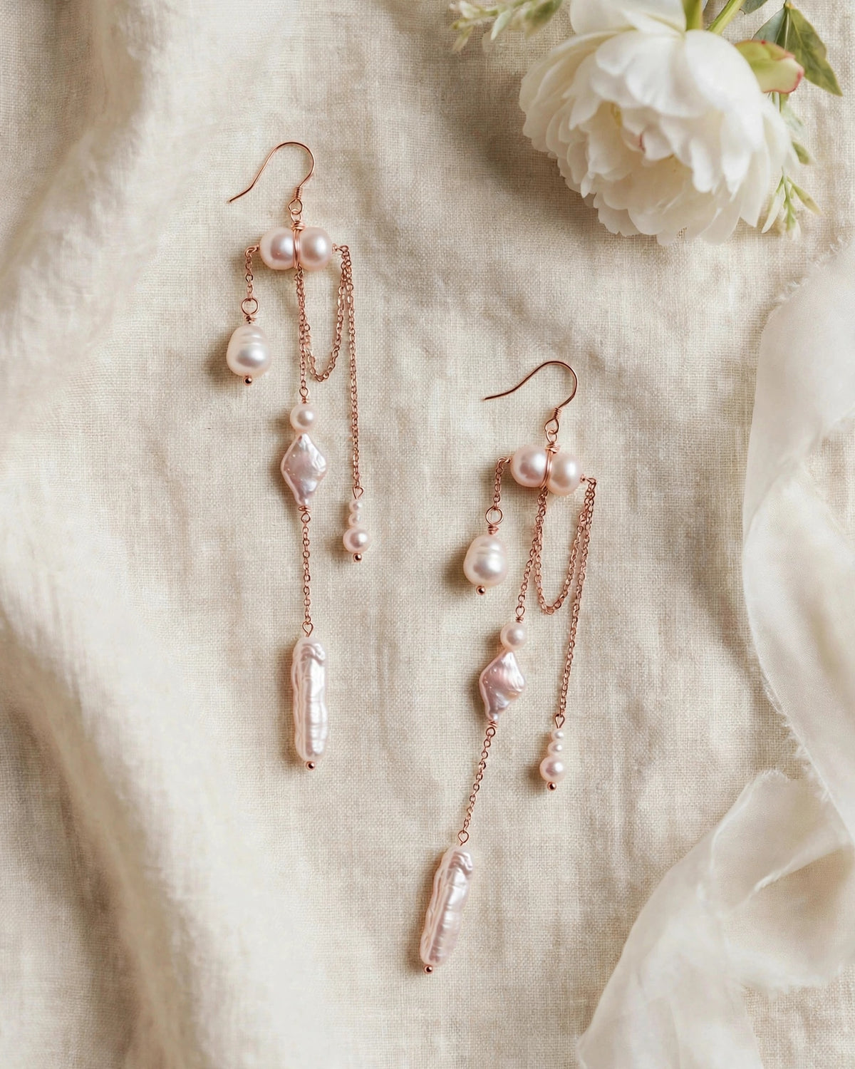 Pearl Dangle Earrings – Cascading Chain Drop with Freshwater Pearls for Bridal and Elegant Occasions