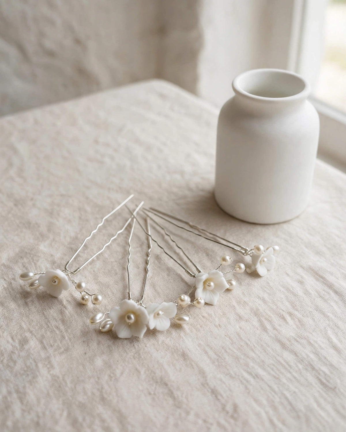 Pearl Hair Pins with Porcelain Flowers – Floral Bridal Hair Accessory