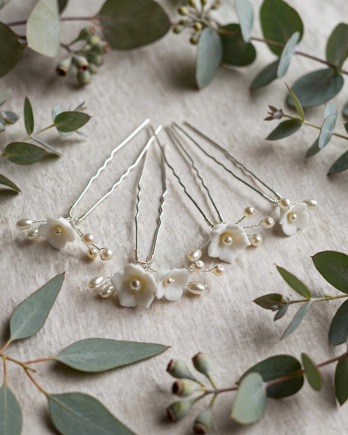 Pearl Hair Pins with Porcelain Flowers – Floral Bridal Hair Accessory