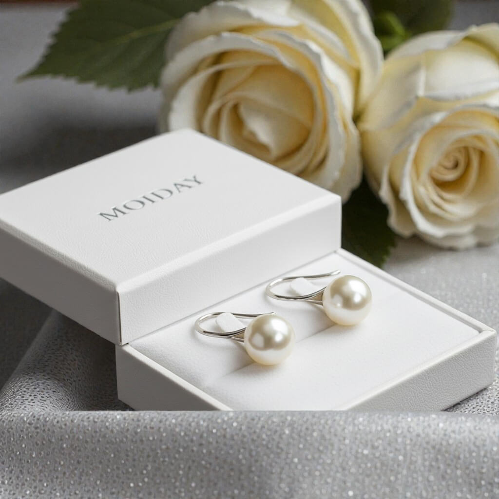 Pearl earrings in a white Moiyay box with white roses in the background