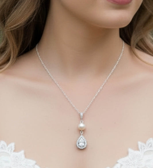 Sterling silver pearl necklace with zirconia teardrop pendant for brides