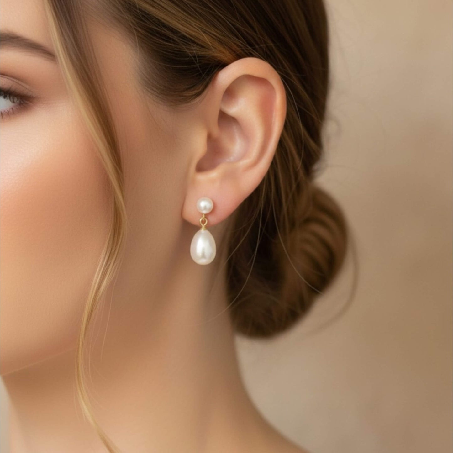 Pearl earring worn by a bridel with a neutral background