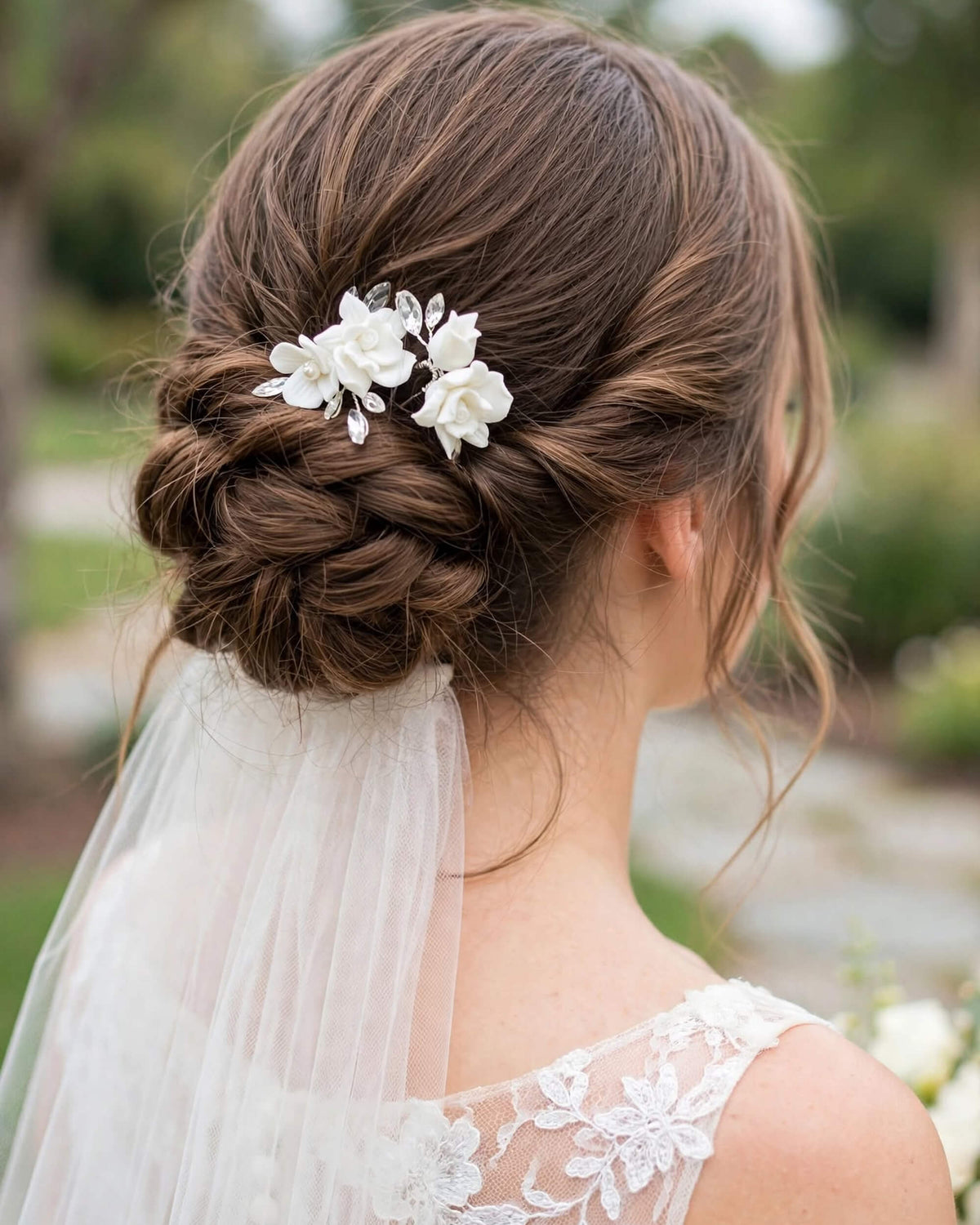Bridal Hair Pins with Porcelain Roses & Crystal Leaves – Wedding Hair Accessory