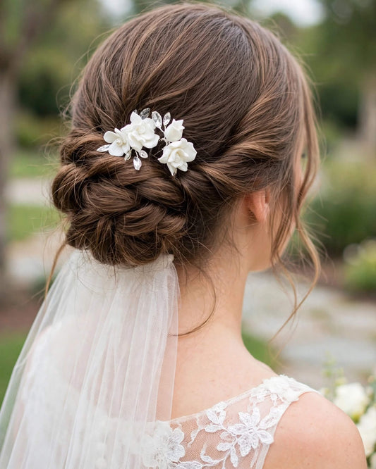 Bridal Hair Pins with Porcelain Roses & Crystal Leaves – Wedding Hair Accessory