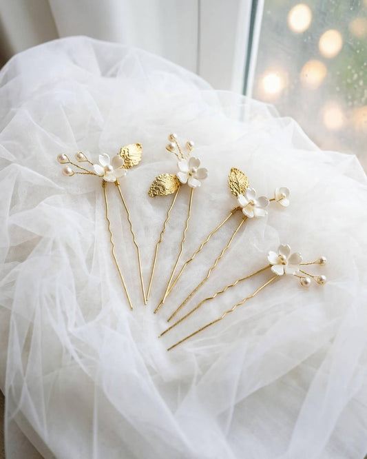Floral Leaf Pearl Hair Pins Set – Bridal Wedding Hair Accessories