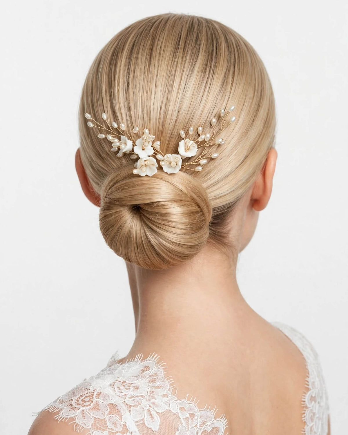 Pearl Hair Pins with Porcelain Flowers – Floral Wedding Hair Accessory
