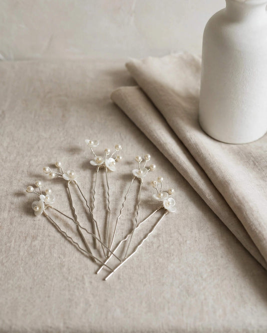 Bridal Floral Pearl Hair Pins Set of 5 – Crystal Wedding Hair Accessories, Gold, Silver, Rose Gold