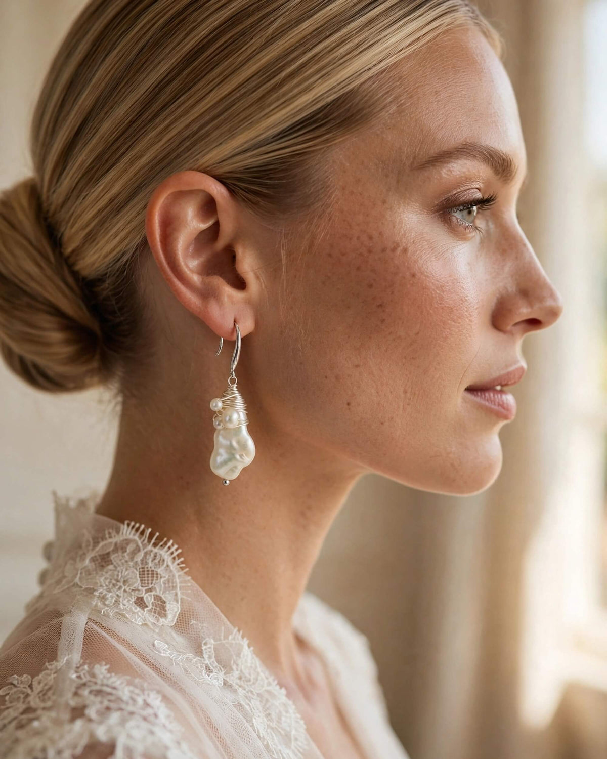 bride styling baroque pearl dangle earrings in half-up wedding hairstyle
