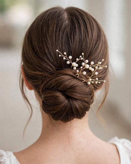 bride wearing minimalist pearl bridal hair pins in elegant low bun