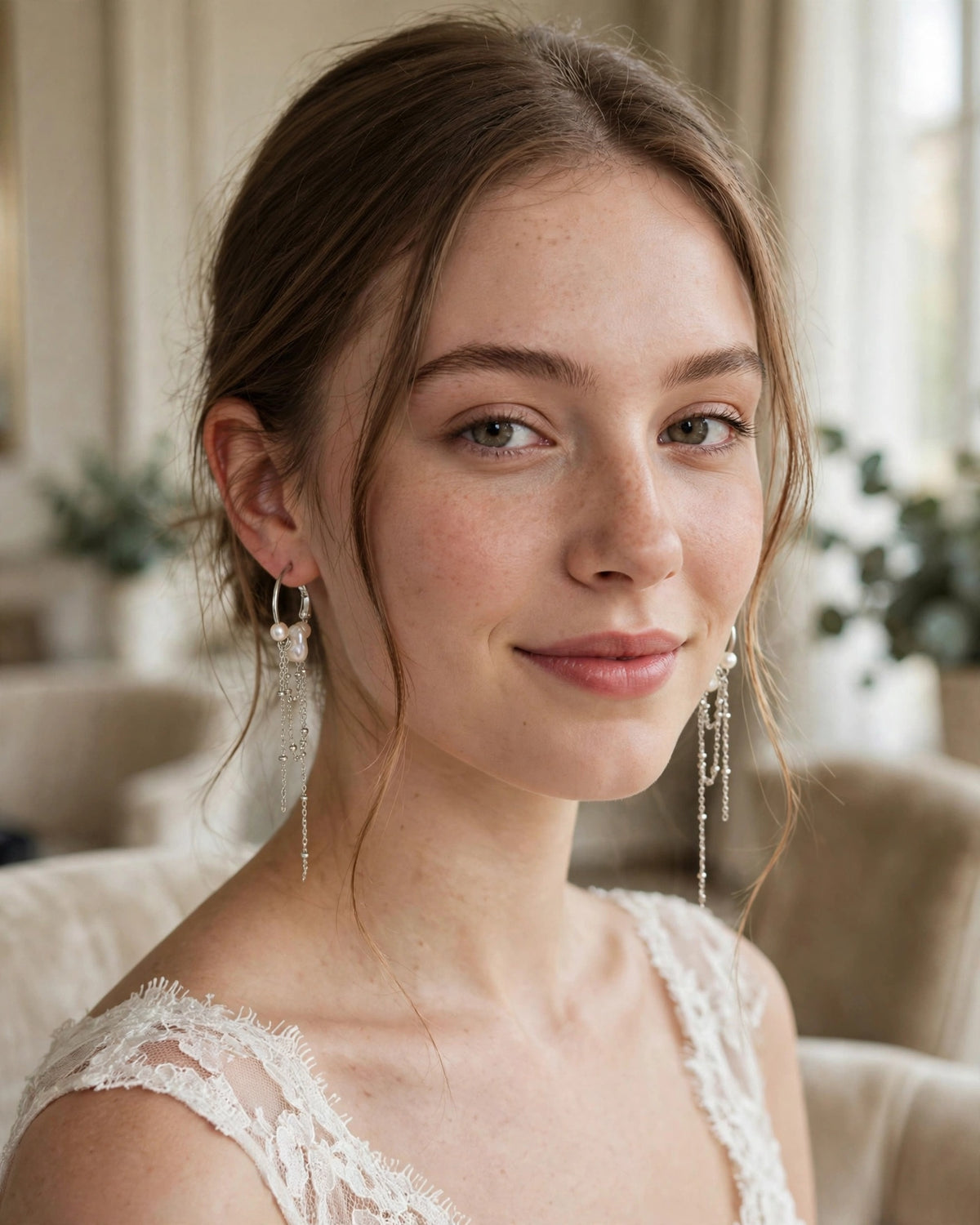 Bride wearing pearl drop earrings with an elegant cascading silhouette