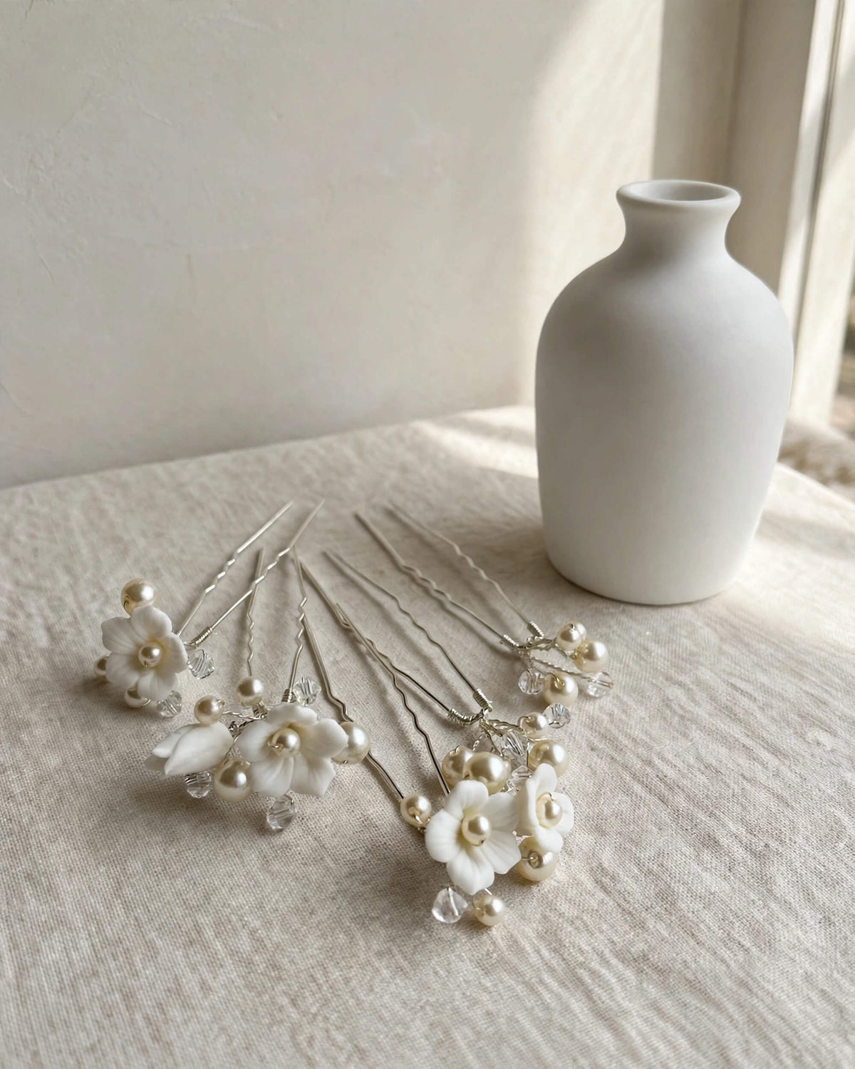 Pearl Hair Pins with Porcelain Flowers & Crystal – Floral Wedding Hair Accessory