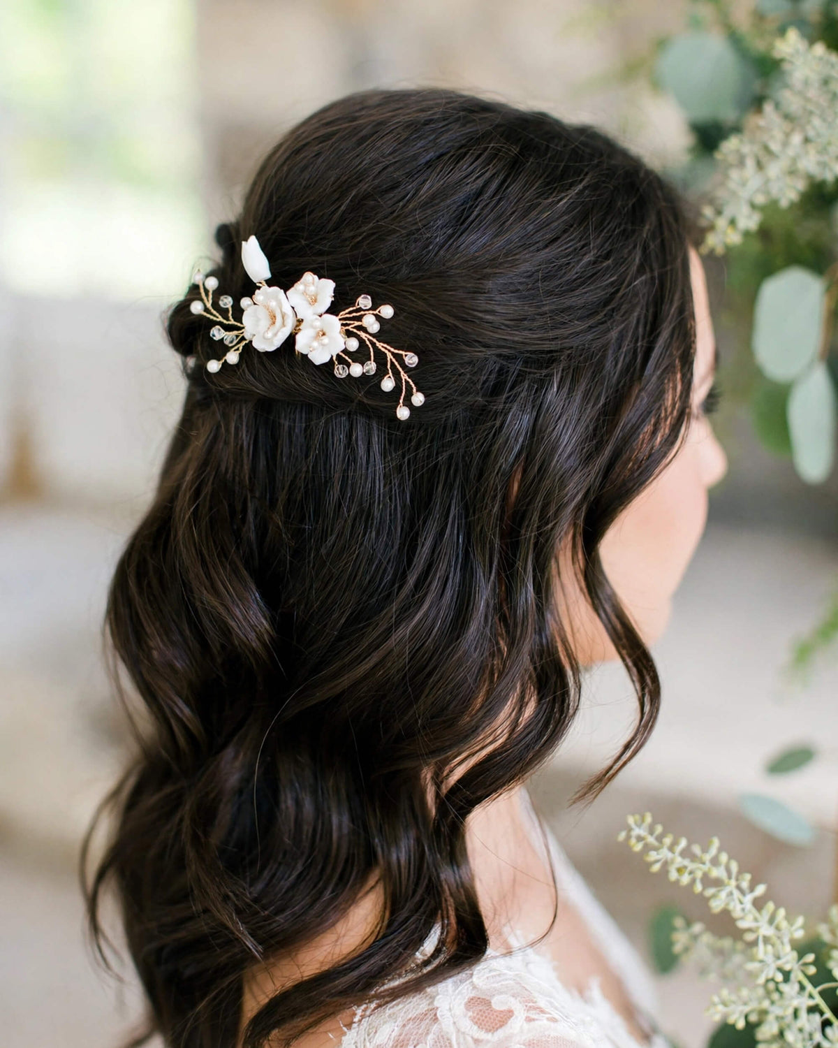Bridal Hair Comb with Porcelain Flowers & Glass Pearls – Wedding Hair Accessory