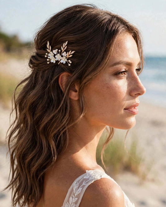 Bridal Floral Leaf Pearl Hair Pins Set of 4 – Wedding Hair Accessories, Gold, Silver, Rose Gold