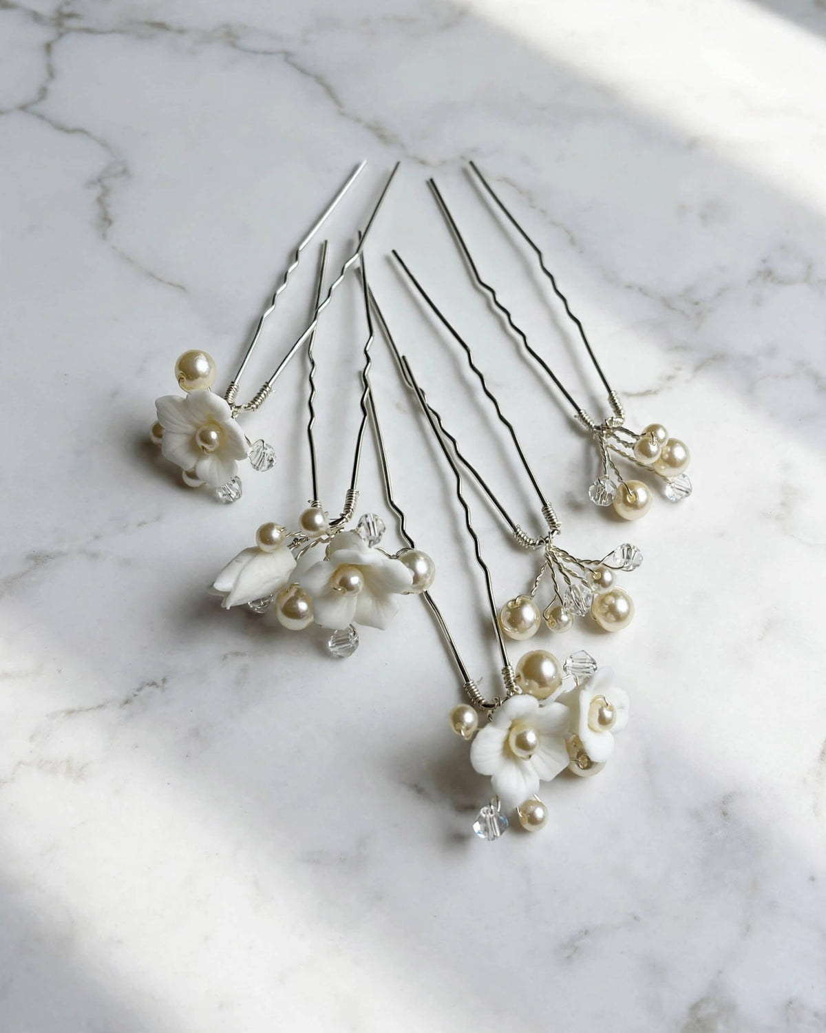 Pearl Hair Pins with Porcelain Flowers & Crystal – Floral Wedding Hair Accessory
