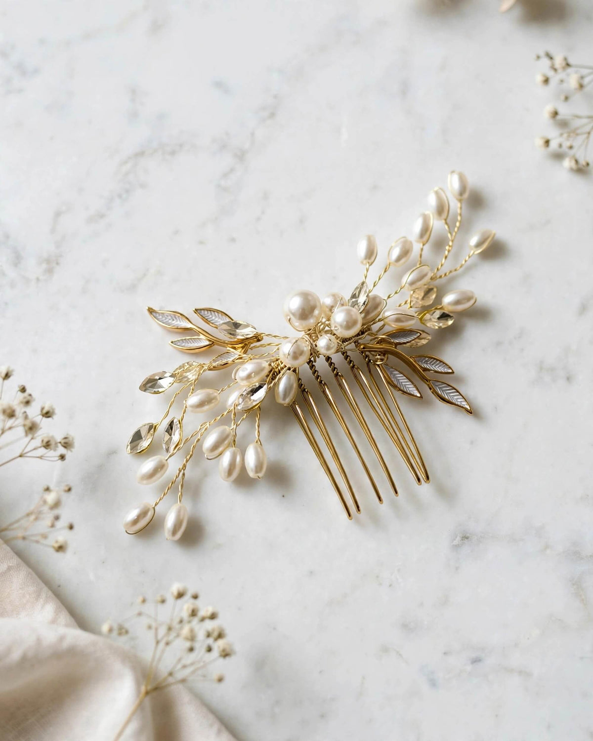 Bridal Hair Comb with Pearl & Leaf Branch Design – Wedding Hair Accessory