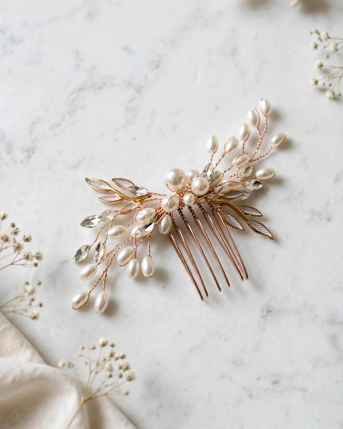 Bridal Hair Comb with Pearl & Leaf Branch Design – Wedding Hair Accessory