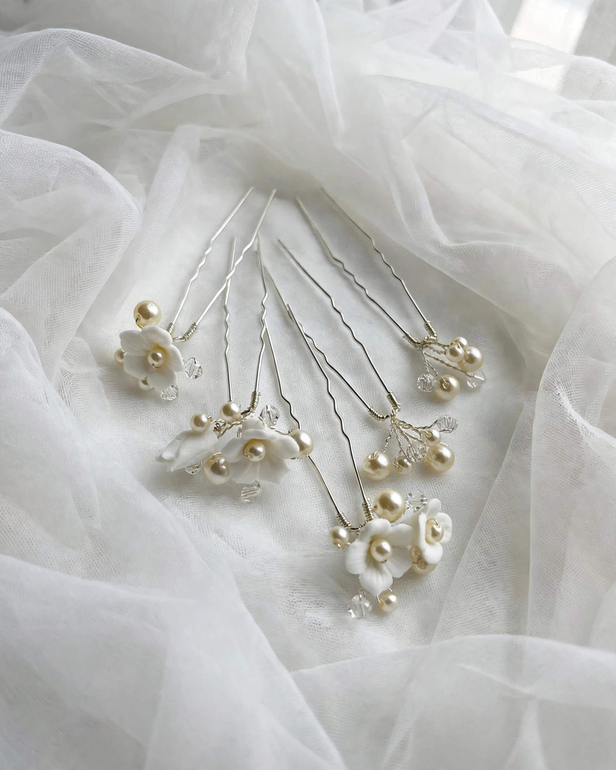 Pearl Hair Pins with Porcelain Flowers & Crystal – Floral Wedding Hair Accessory