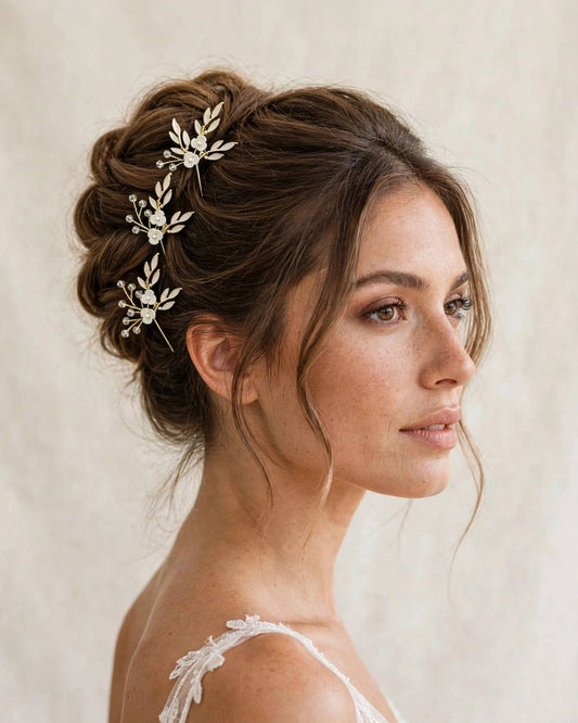 Bridal Leaf Pearl Hair Pins Set of 3 – Crystal Wedding Hair Accessories, Gold, Silver, Rose Gold