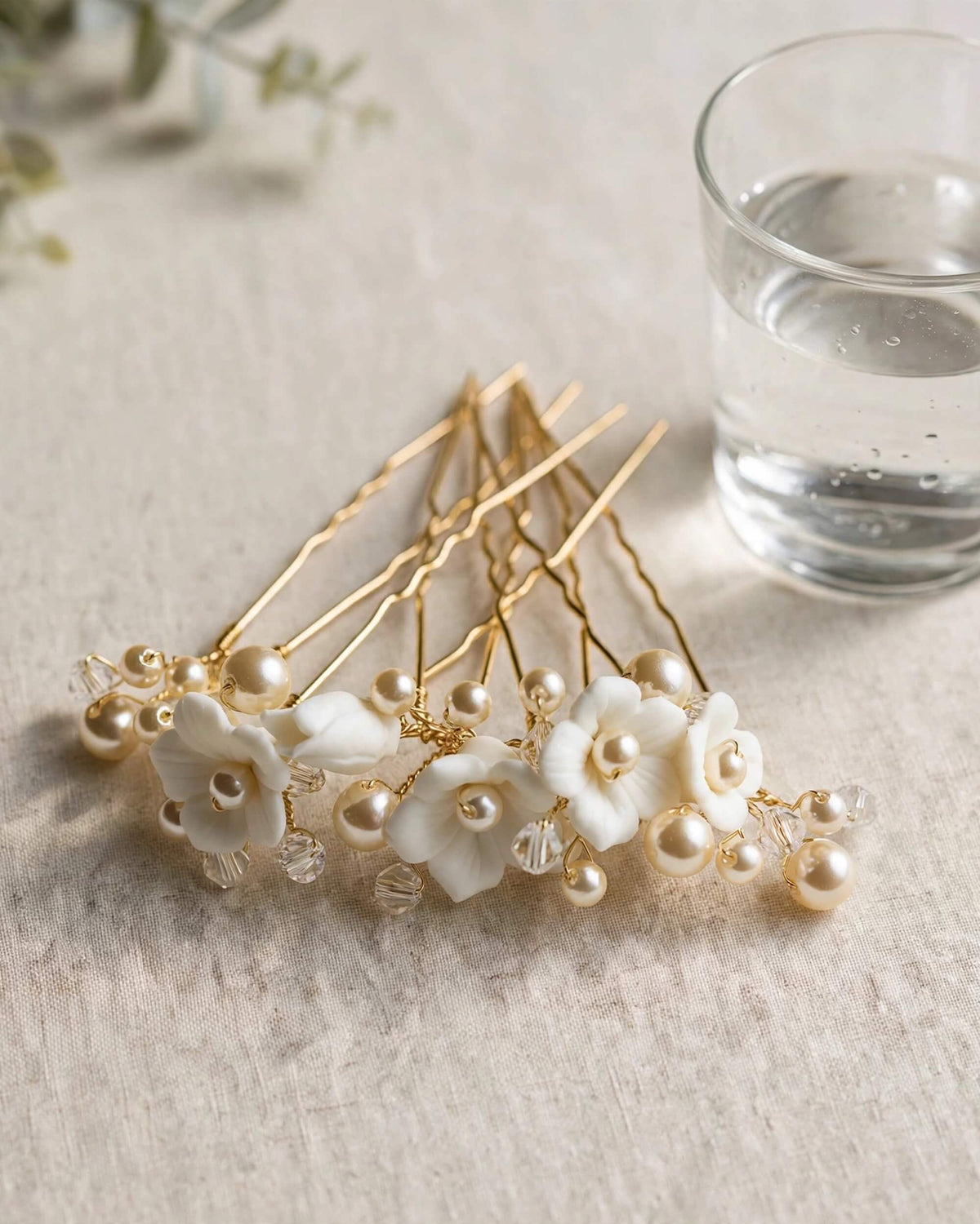 Pearl Hair Pins with Porcelain Flowers & Crystal – Floral Wedding Hair Accessory