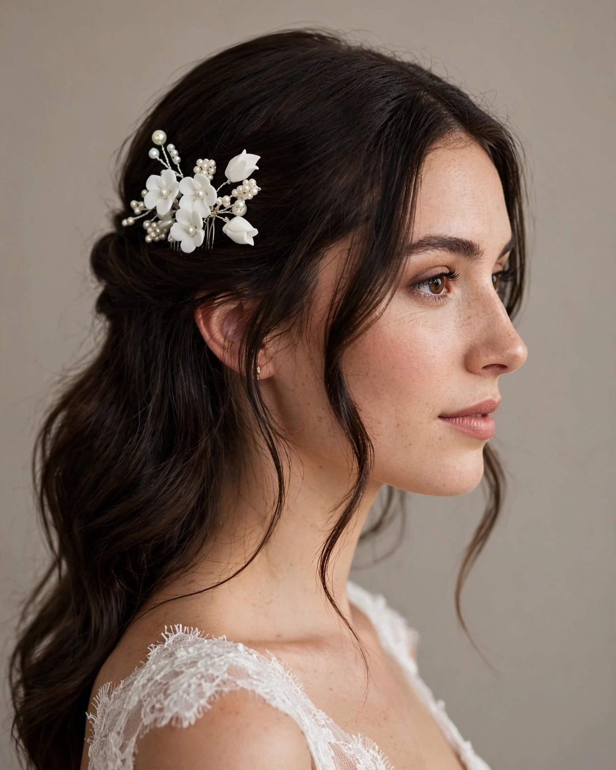 Bridal Hair Comb with Porcelain Flowers & Glass Pearls – Floral Wedding Hair Accessory