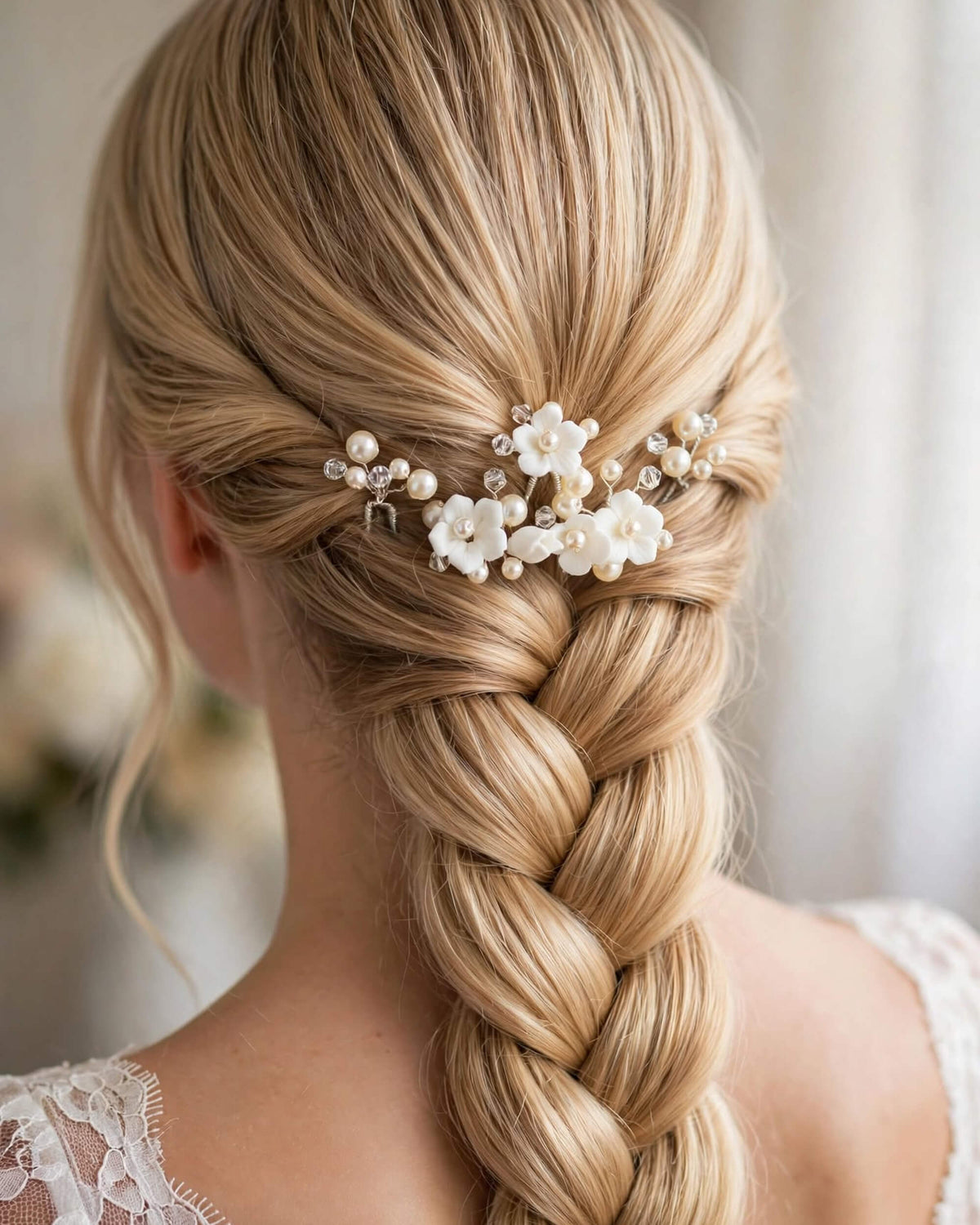 Pearl Hair Pins with Porcelain Flowers & Crystal – Floral Wedding Hair Accessory