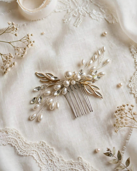 Bridal Hair Comb with Pearl & Leaf Branch Design – Wedding Hair Accessory