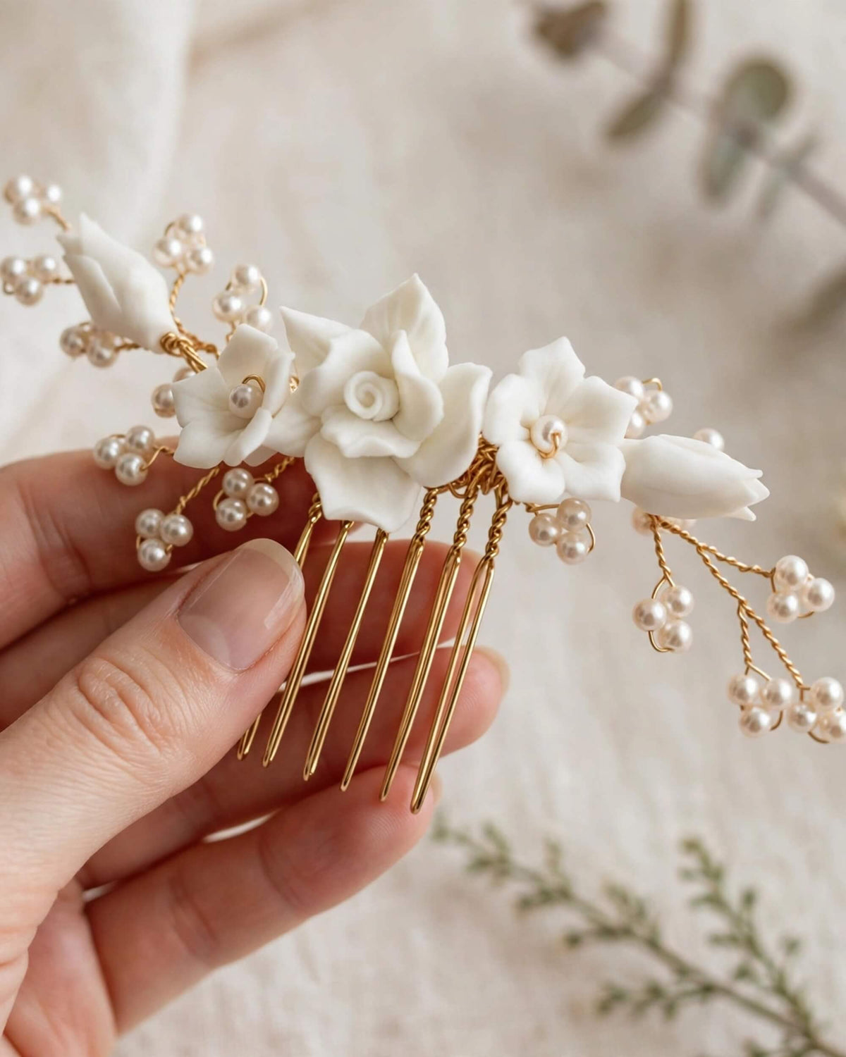 Bridal Hair Comb with Porcelain Flowers & Glass Pearls – Floral Wedding Accessory