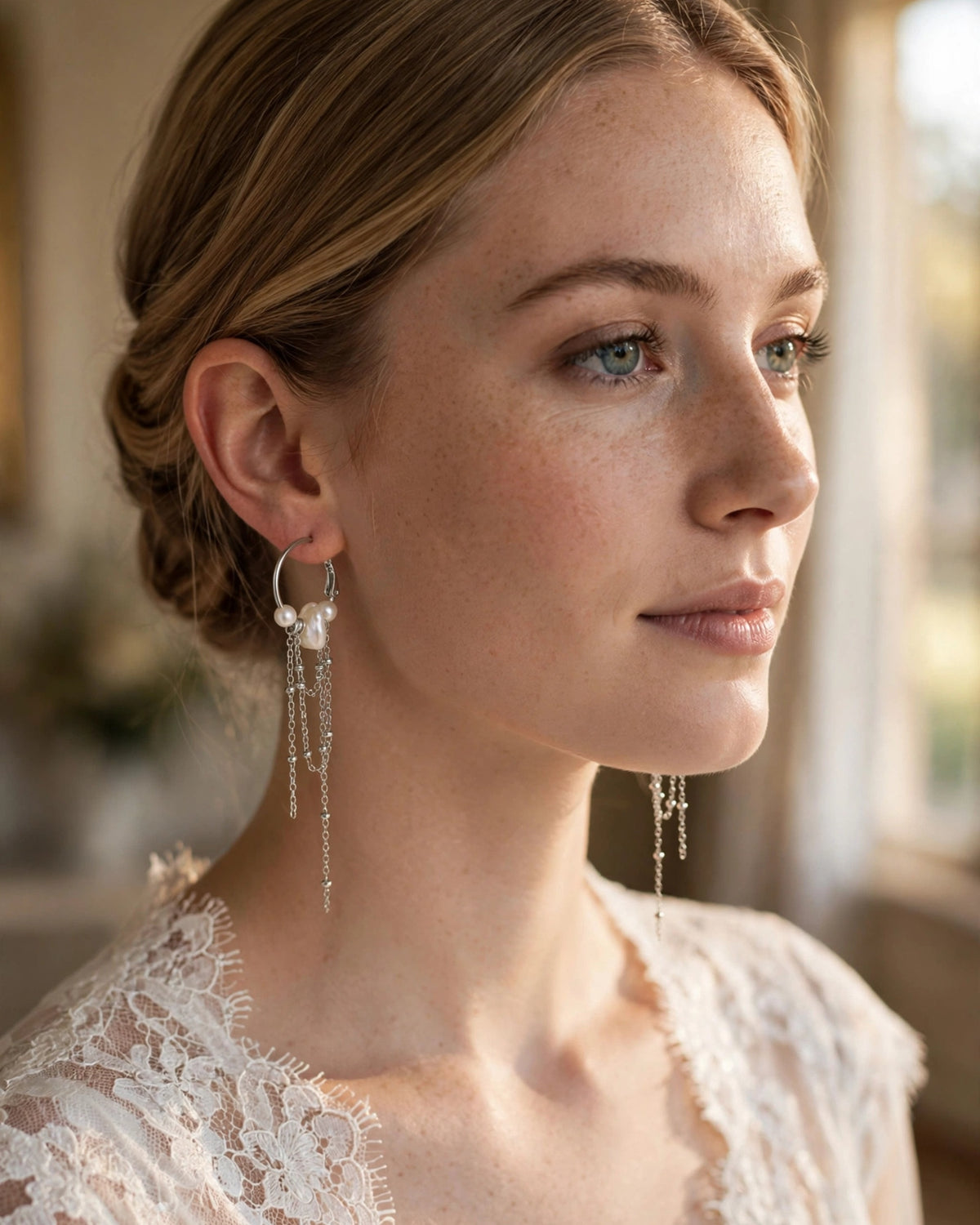 Elegant bride wearing freshwater pearl dangle earrings with a refined finish