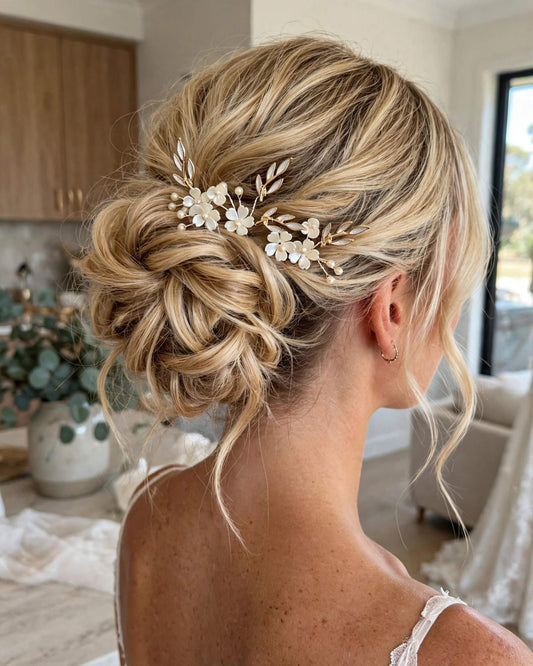 Bridal Floral Leaf Pearl Hair Pins Set of 4 – Wedding Hair Accessories, Gold, Silver, Rose Gold